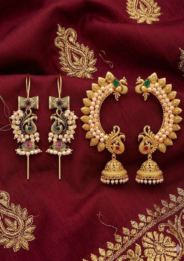 Gold-Plated Peacock Shaped Ear Cuff Earrings with Pearl for Women | Traditional Temple Jewellery for Wedding & Festive Wear | Gift for Her - Indya