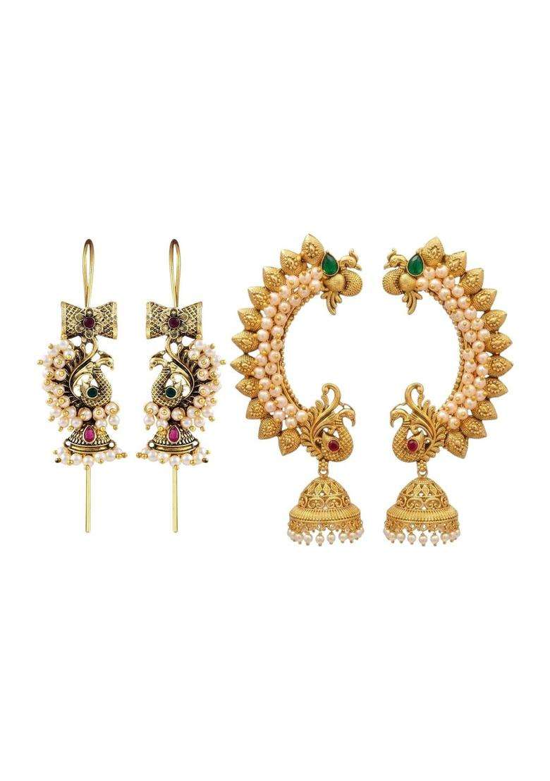 Gold-Plated Peacock Shaped Ear Cuff Earrings with Pearl for Women | Traditional Temple Jewellery for Wedding & Festive Wear | Gift for Her - Indya