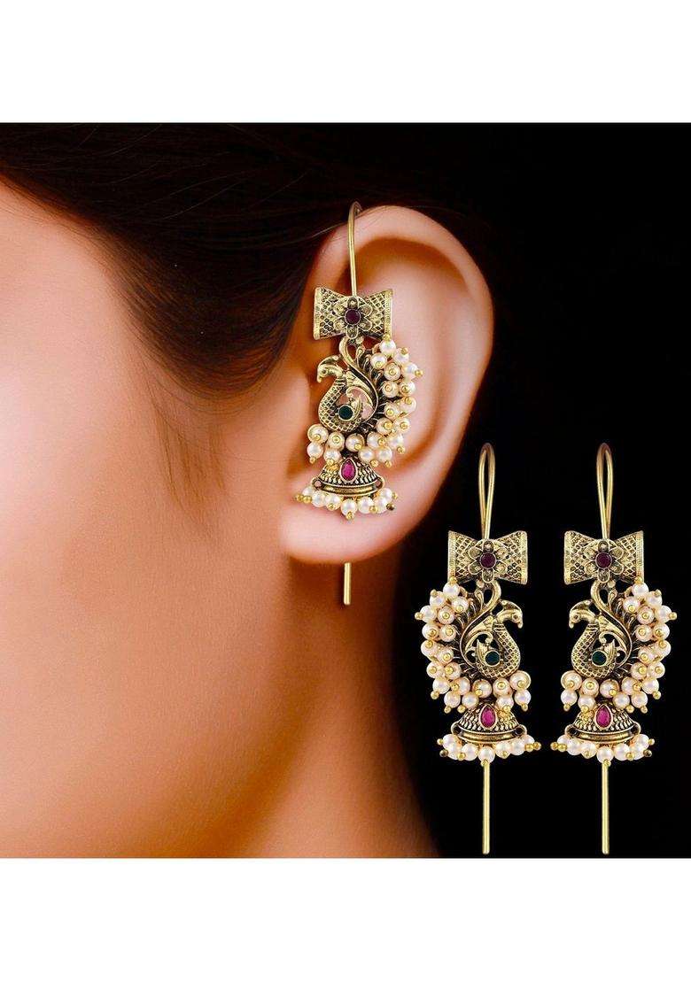 Gold-Plated Peacock Shaped Ear Cuff Earrings with Pearl for Women | Traditional Temple Jewellery for Wedding & Festive Wear | Gift for Her - Indya