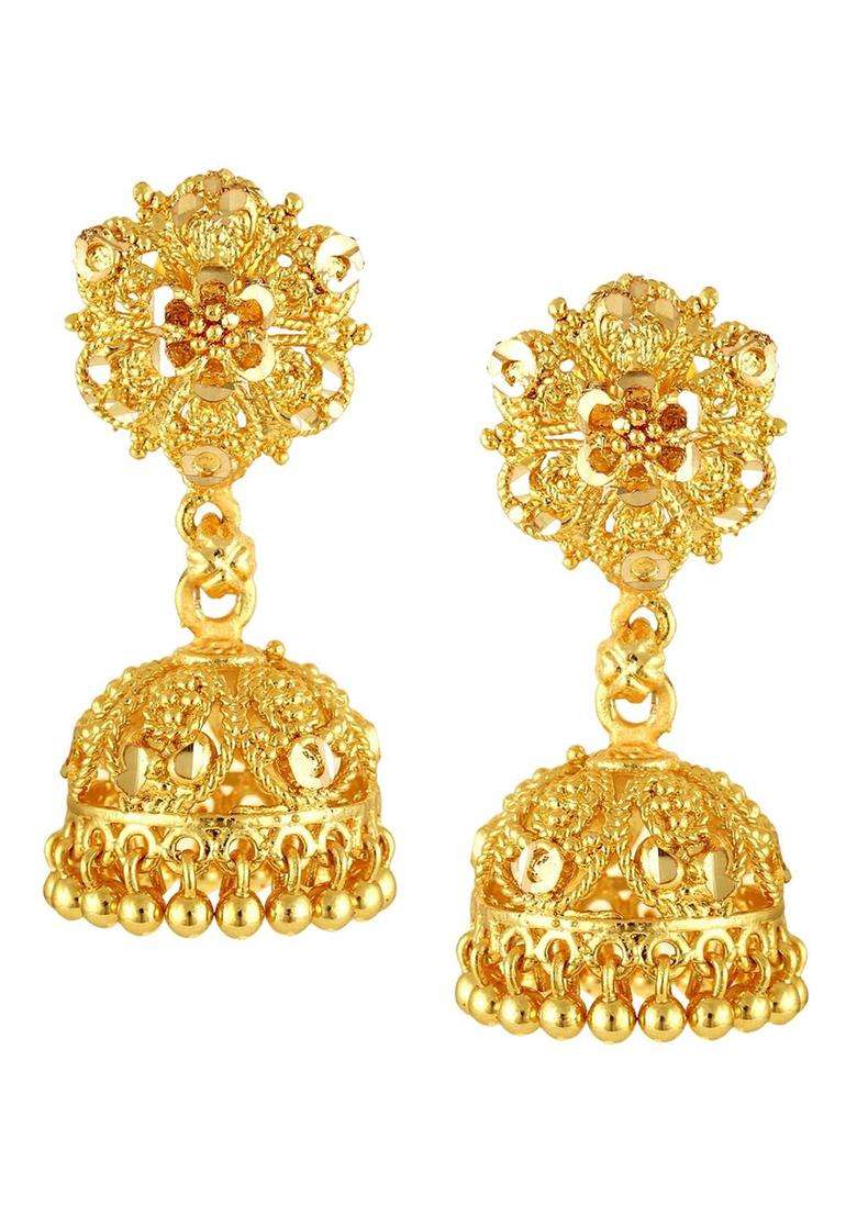 Gold-Toned Floral Jhumkas Earrings for Women | Traditional Temple Jewellery for Wedding & Festive Wear | Gift for Her - Indya