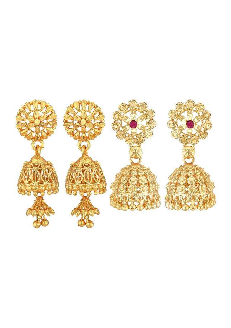 Gold-Plated Floral Jhumkas Earrings with CZ Stone for Women | Traditional Temple Jewellery for Wedding & Festive Wear | Gift for Her - Indya