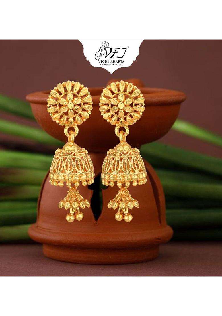 Gold-Plated Floral Jhumkas Earrings with CZ Stone for Women | Traditional Temple Jewellery for Wedding & Festive Wear | Gift for Her - Indya