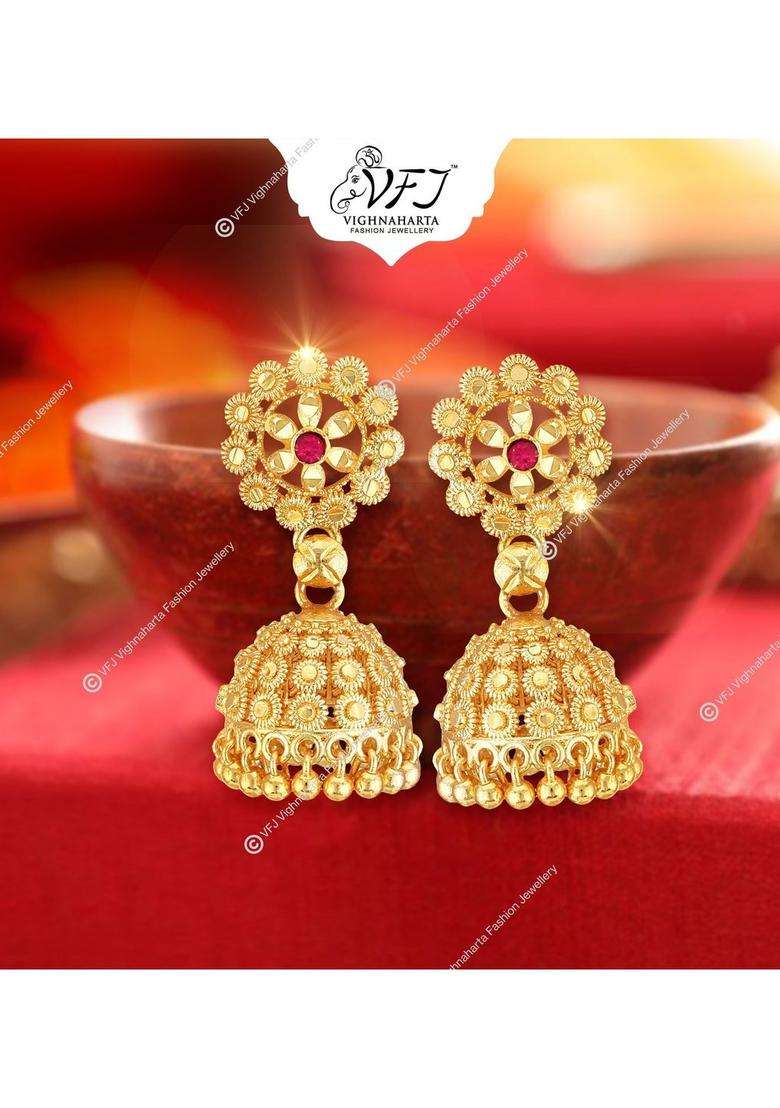 Gold-Plated Floral Jhumkas Earrings with CZ Stone for Women | Traditional Temple Jewellery for Wedding & Festive Wear | Gift for Her - Indya