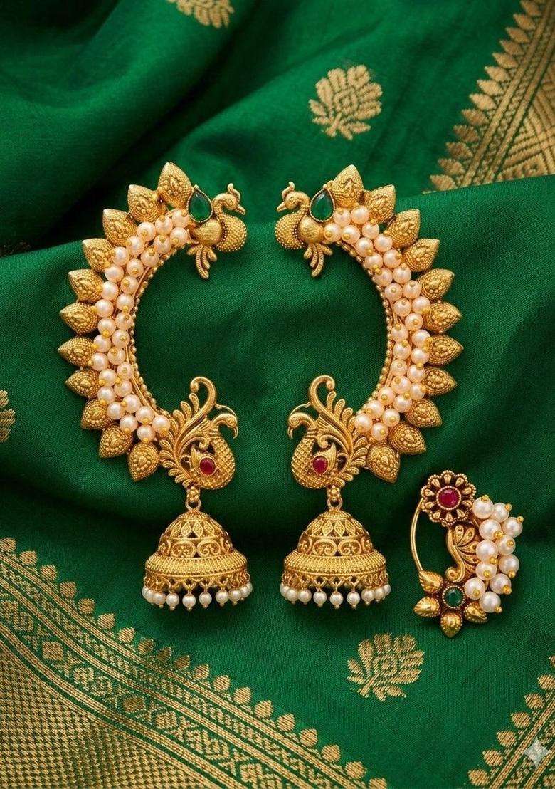 Gold-Plated Peacock Shaped Jhumkas Earrings with Pearl for Women | Traditional Temple Jewellery for Wedding & Festive Wear | Gift for Her - Indya