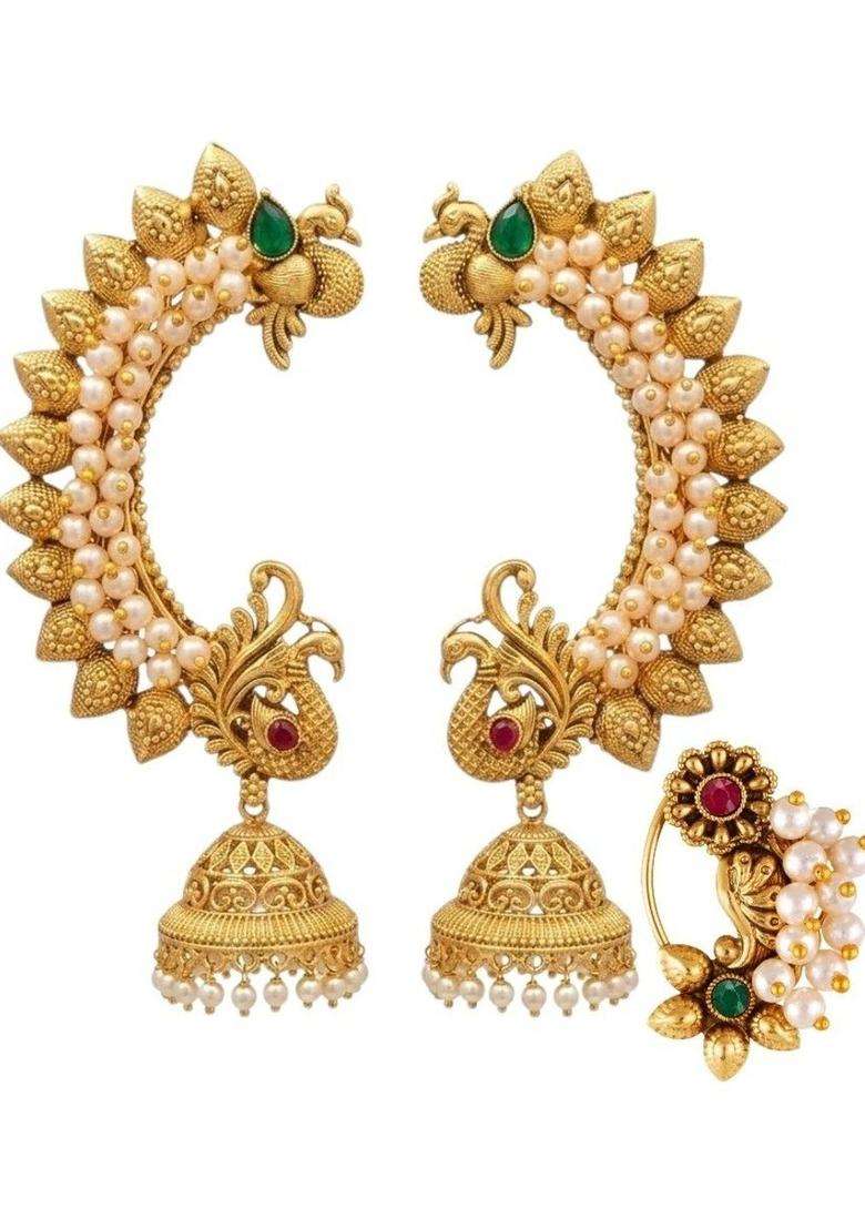 Gold-Plated Peacock Shaped Jhumkas Earrings with Pearl for Women | Traditional Temple Jewellery for Wedding & Festive Wear | Gift for Her - Indya