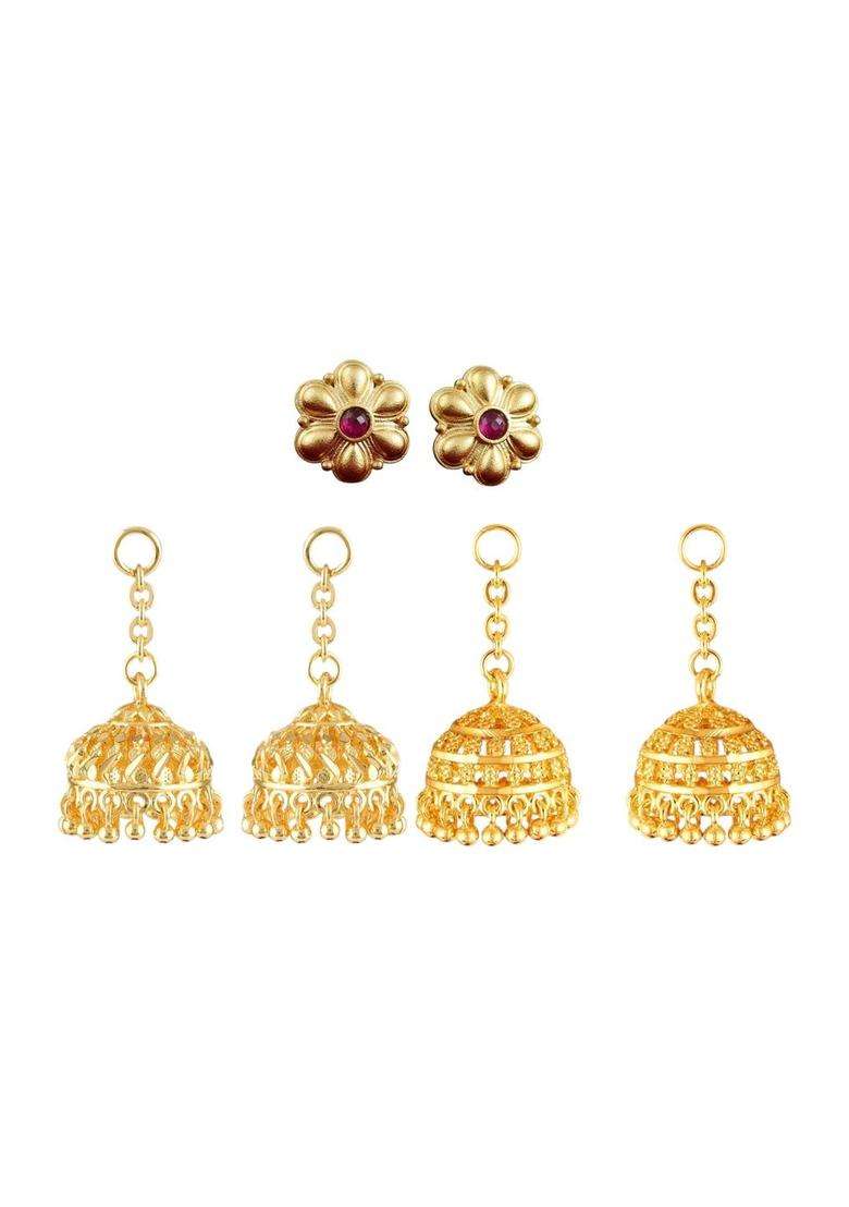 Gold-Plated Floral Jhumkas Earrings with CZ Stone for Women | Traditional Temple Jewellery for Wedding & Festive Wear | Gift for Her - Indya