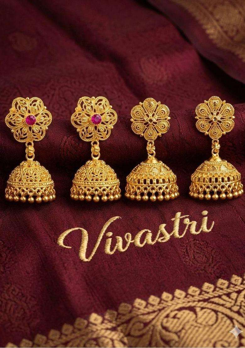 Gold-Plated Floral Jhumkas Earrings for Women | Traditional Temple Jewellery for Wedding & Festive Wear | Gift for Her - Indya