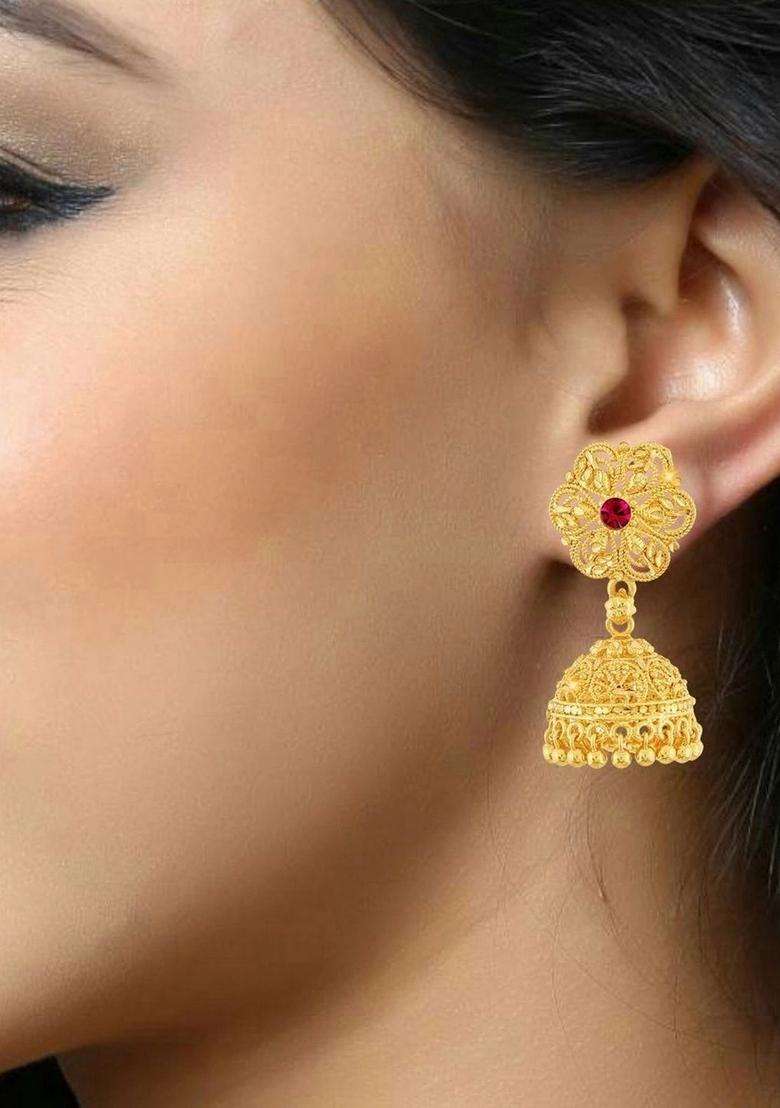Gold-Plated Floral Jhumkas Earrings for Women | Traditional Temple Jewellery for Wedding & Festive Wear | Gift for Her - Indya