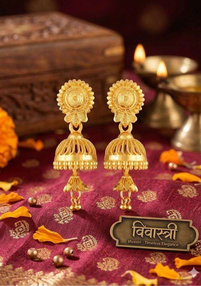 Gold-Plated Floral Jhumkas Earrings for Women | Traditional Temple Jewellery for Wedding & Festive Wear | Gift for Her - Indya