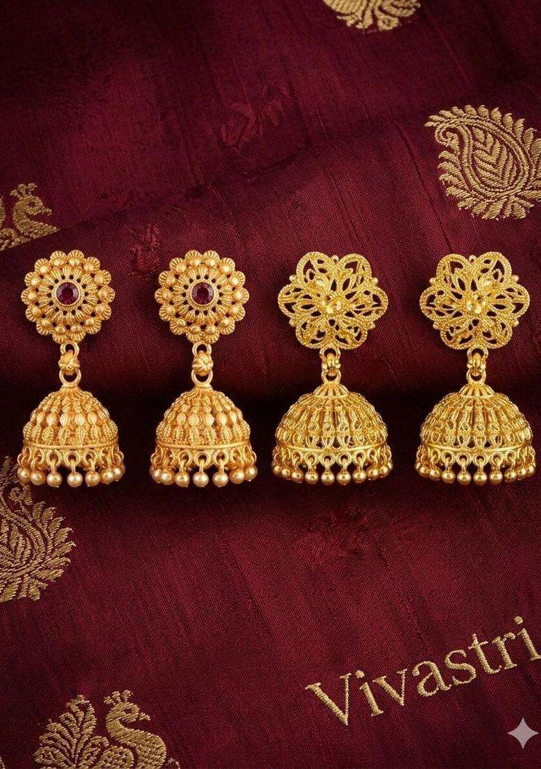 Gold-Plated Floral Jhumkas Earrings for Women | Traditional Temple Jewellery for Wedding & Festive Wear | Gift for Her - Indya