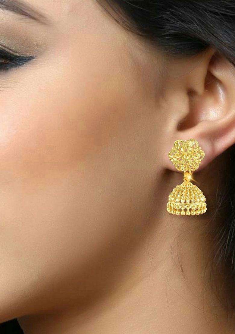 Gold-Plated Floral Jhumkas Earrings for Women | Traditional Temple Jewellery for Wedding & Festive Wear | Gift for Her - Indya