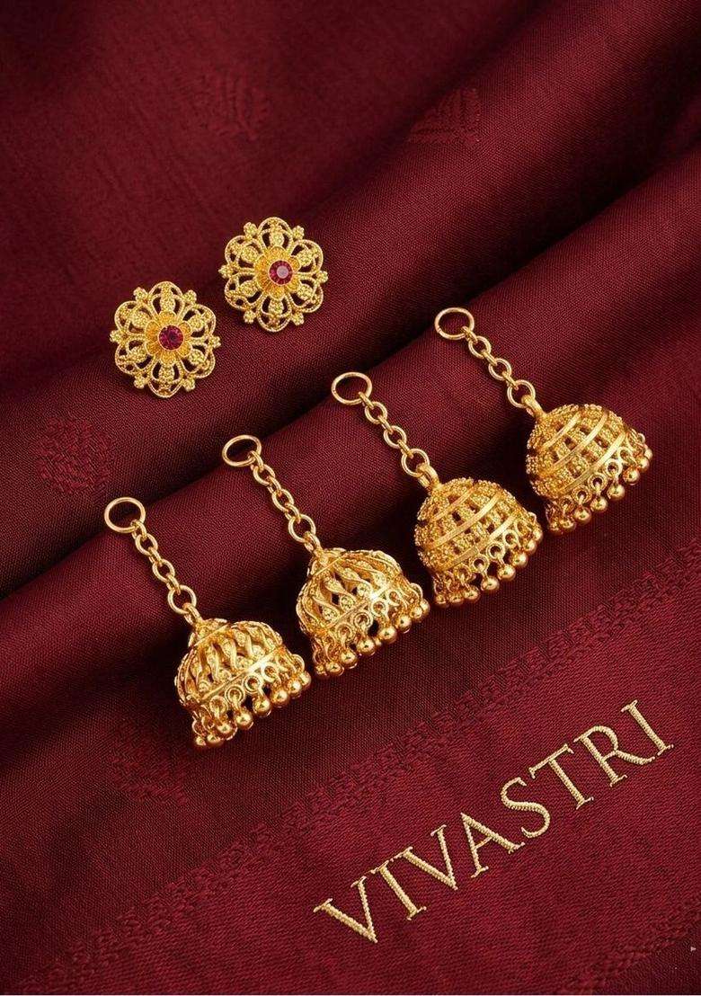 Gold-Plated Dome Shaped Jhumkas Earrings for Women | Traditional Temple Jewellery for Wedding & Festive Wear | Gift for Her - Indya