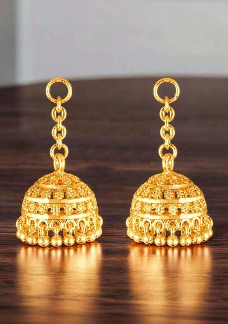 Gold-Plated Dome Shaped Jhumkas Earrings for Women | Traditional Temple Jewellery for Wedding & Festive Wear | Gift for Her - Indya
