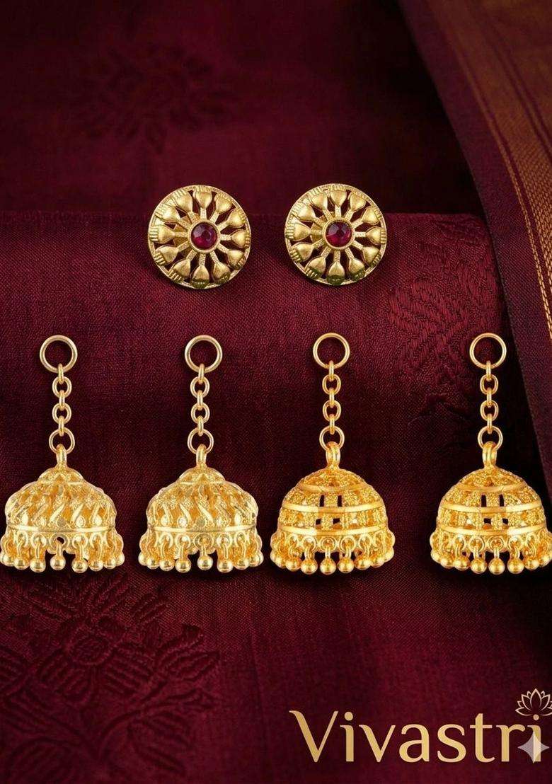 Gold-Plated Dome Shaped Jhumkas Earrings for Women | Traditional Temple Jewellery for Wedding & Festive Wear | Gift for Her - Indya