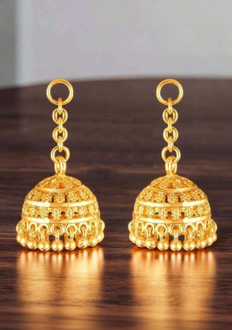 Gold-Plated Dome Shaped Jhumkas Earrings for Women | Traditional Temple Jewellery for Wedding & Festive Wear | Gift for Her - Indya