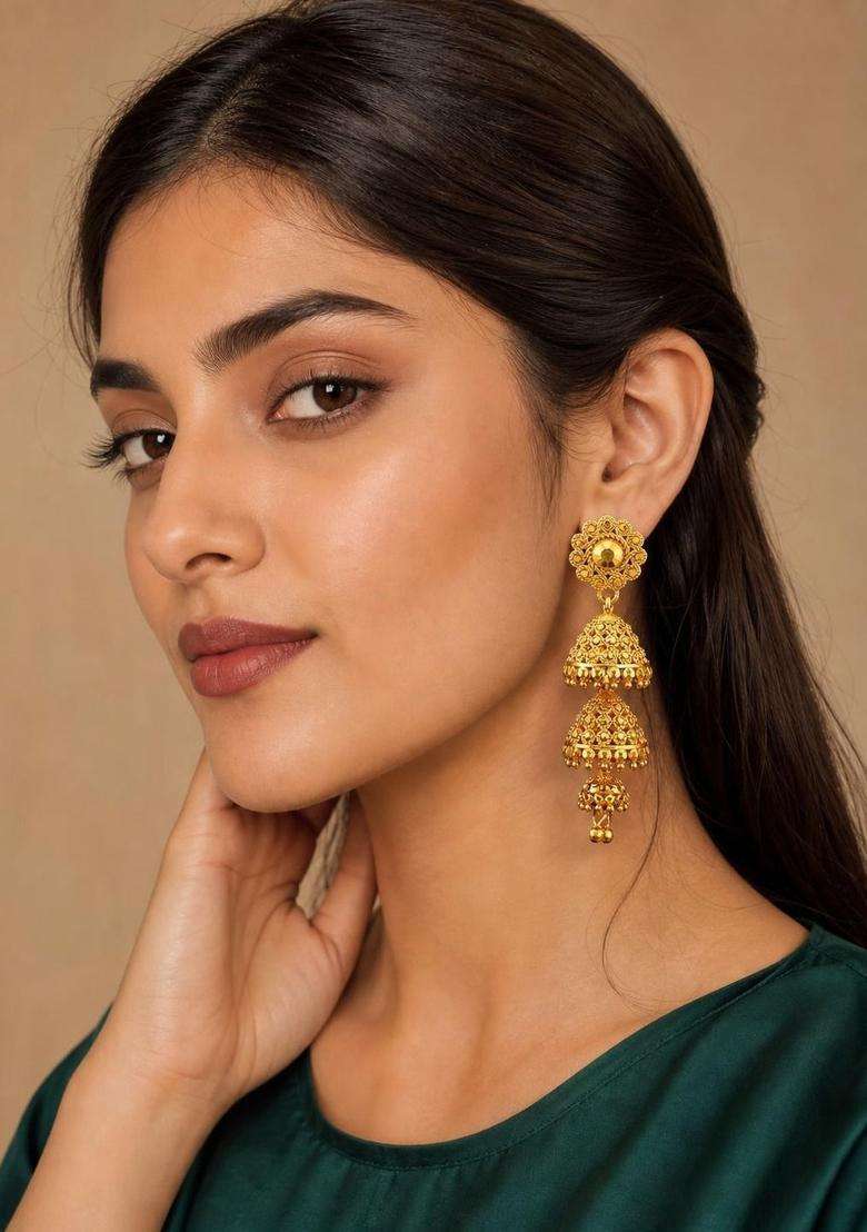 Gold-Plated Dome Shaped Jhumkas Earrings for Women | Traditional Temple Jewellery for Wedding & Festive Wear | Gift for Her - Indya