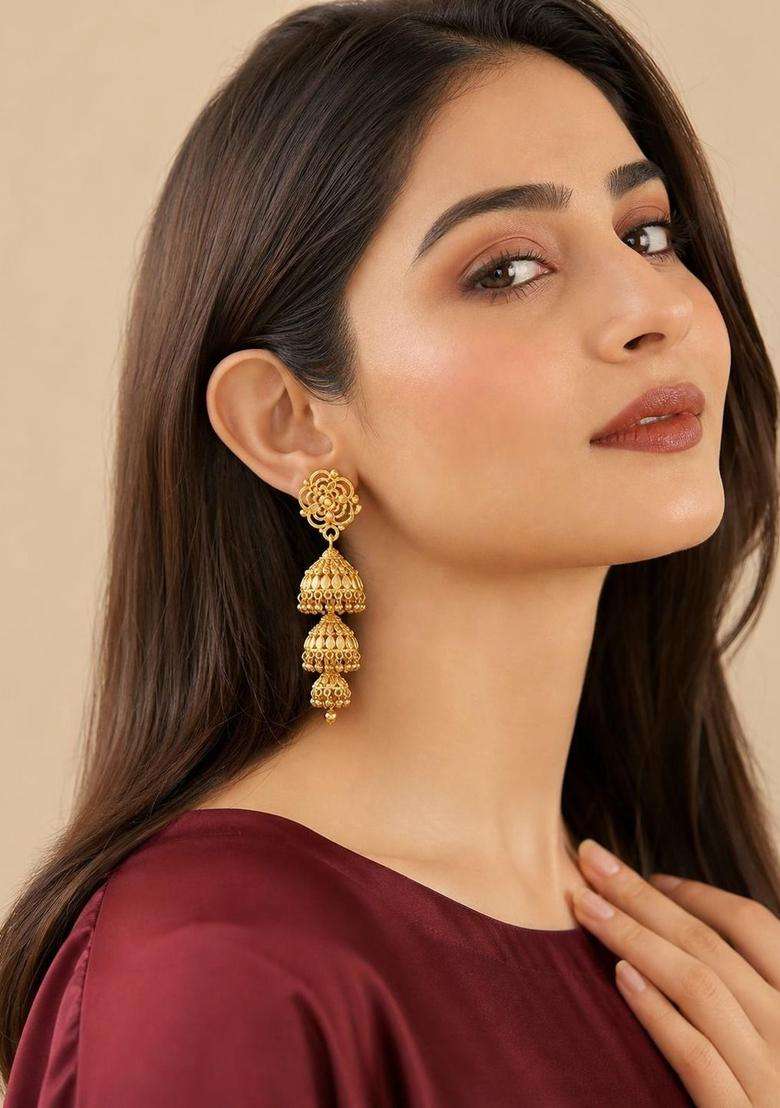 Gold-Plated Dome Shaped Jhumkas Earrings for Women | Traditional Temple Jewellery for Wedding & Festive Wear | Gift for Her - Indya