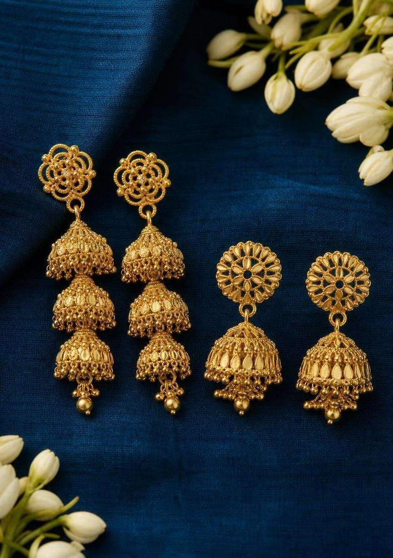Gold-Plated Dome Shaped Jhumkas Earrings for Women | Traditional Temple Jewellery for Wedding & Festive Wear | Gift for Her - Indya