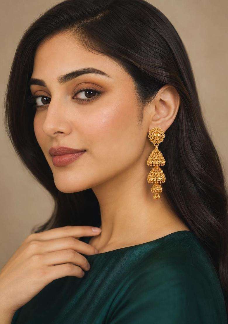 Gold-Plated Geometric Jhumkas Earrings for Women | Traditional Temple Jewellery for Wedding & Festive Wear | Gift for Her - Indya