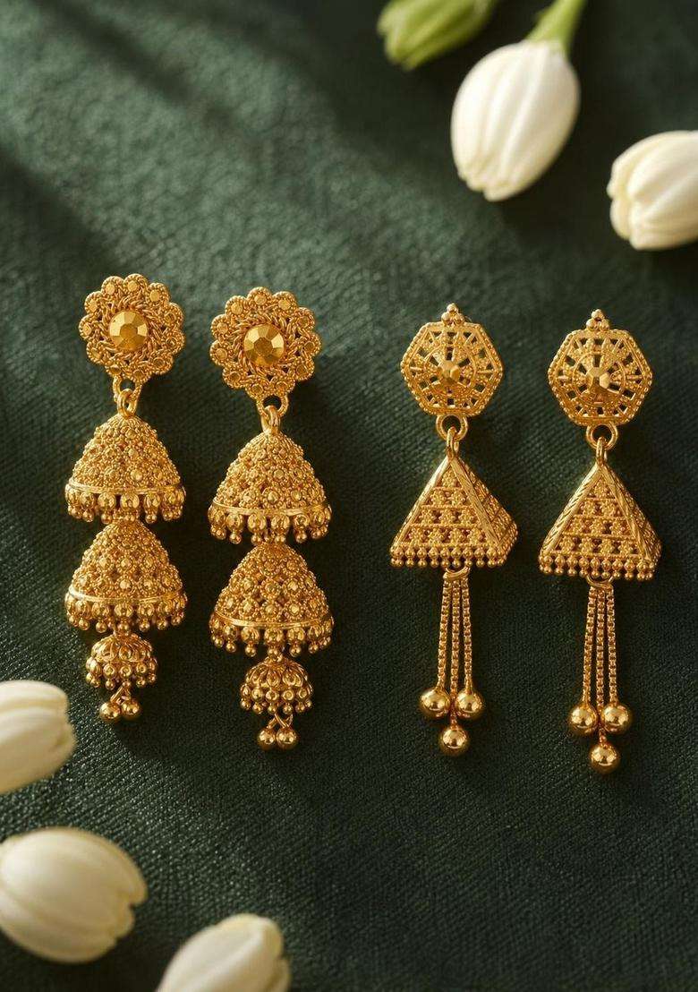 Gold-Plated Geometric Jhumkas Earrings for Women | Traditional Temple Jewellery for Wedding & Festive Wear | Gift for Her - Indya