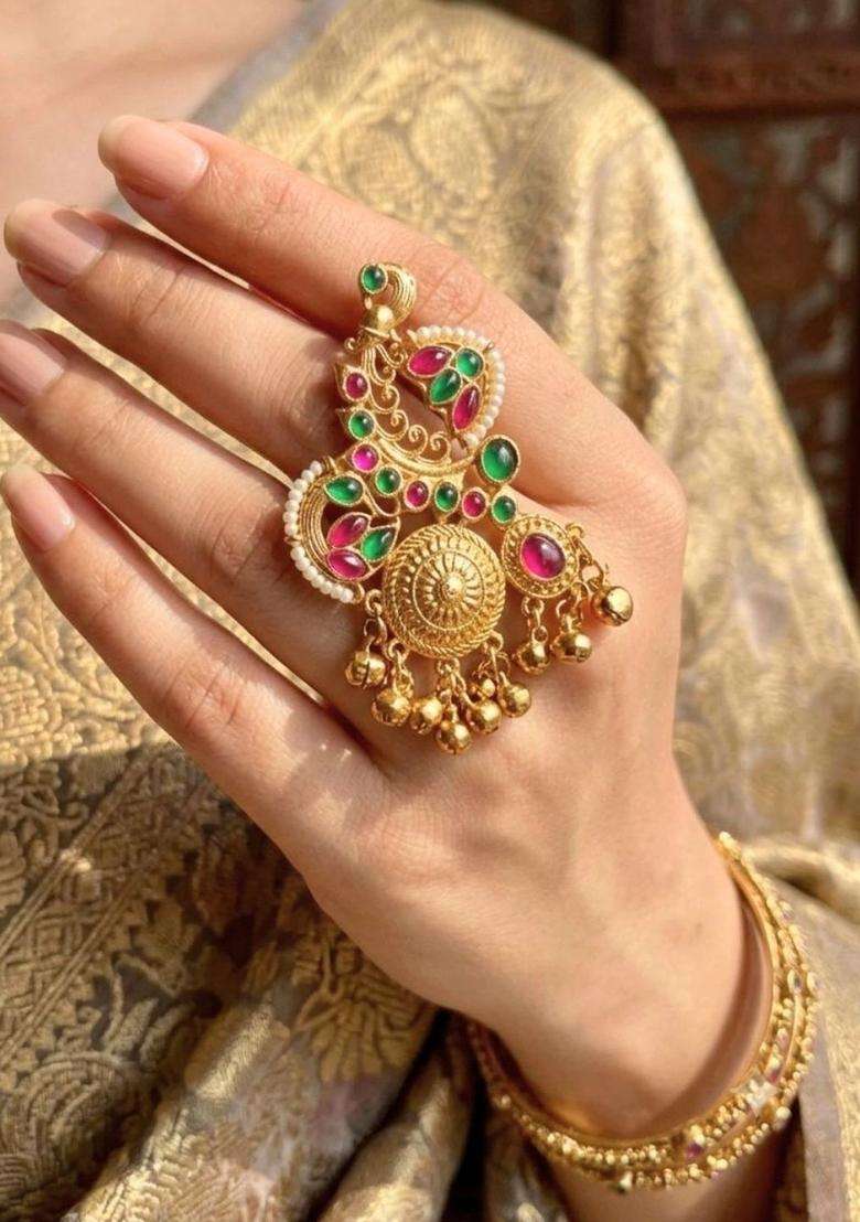 Gold-Plated Pink & Green Kundan Stones Ghungroo Adjustable Finger Ring for Women | Traditional Temple Jewellery for Wedding & Festive Wear | Gift for Her - Indya