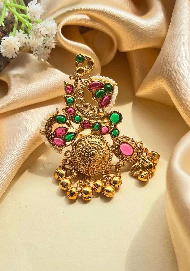 Gold-Plated Pink & Green Kundan Stones Ghungroo Adjustable Finger Ring for Women | Traditional Temple Jewellery for Wedding & Festive Wear | Gift for Her - Indya