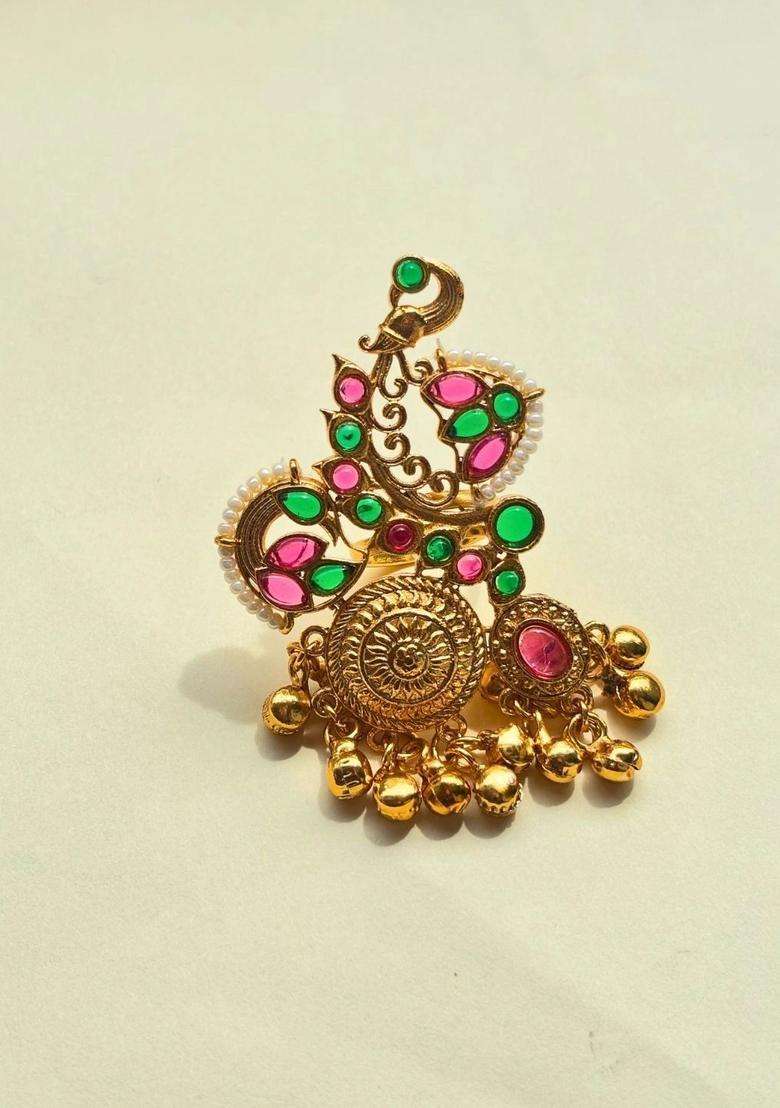 Gold-Plated Pink & Green Kundan Stones Ghungroo Adjustable Finger Ring for Women | Traditional Temple Jewellery for Wedding & Festive Wear | Gift for Her - Indya