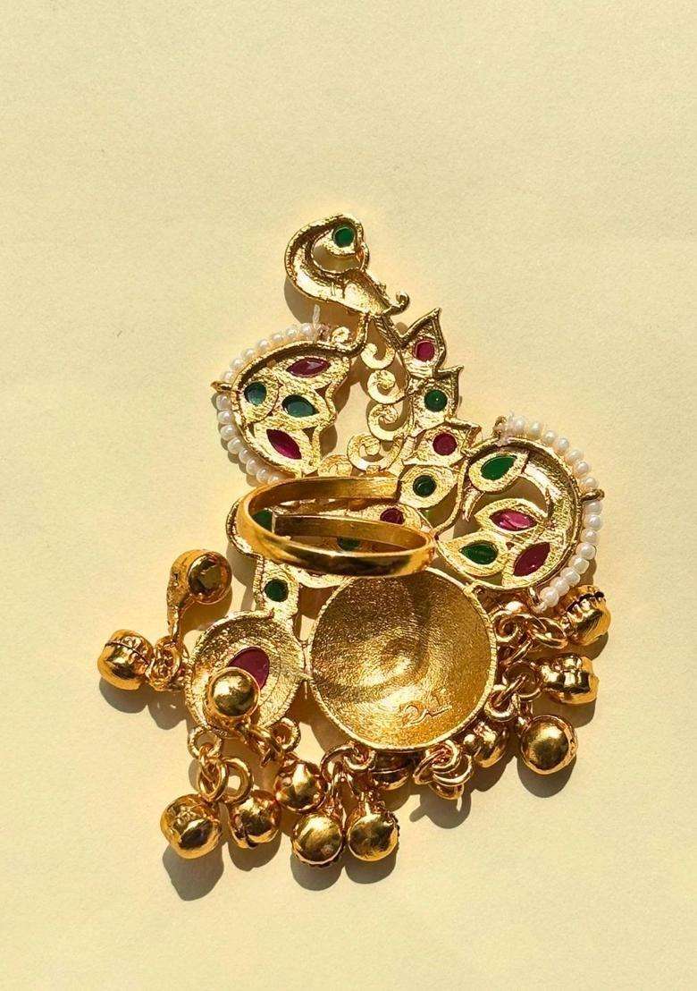 Gold-Plated Pink & Green Kundan Stones Ghungroo Adjustable Finger Ring for Women | Traditional Temple Jewellery for Wedding & Festive Wear | Gift for Her - Indya