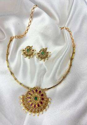 Gold-Plated Ruby & Green Stone Pendant Necklace & Stud Earrings Set with Kundan for Women | Traditional Temple Jewellery for Wedding & Festive Wear | Gift for Her