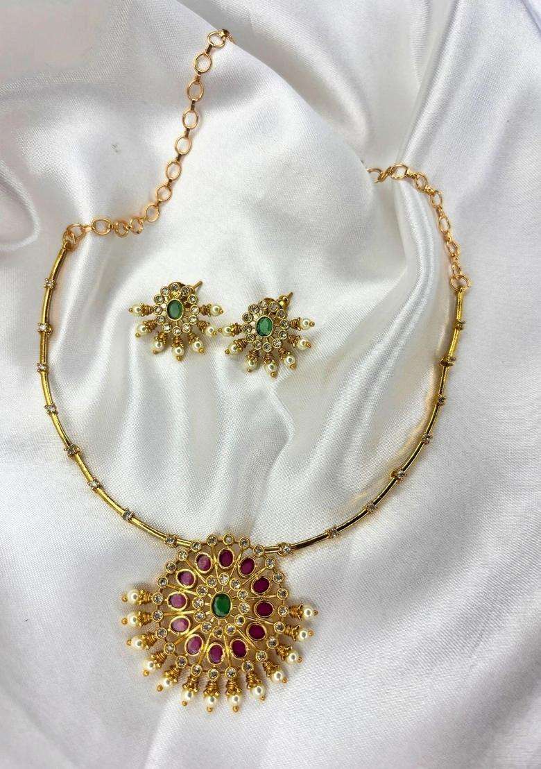 Gold-Plated Ruby & Green Stone Pendant Necklace & Stud Earrings Set with Kundan for Women | Traditional Temple Jewellery for Wedding & Festive Wear | Gift for Her - Indya