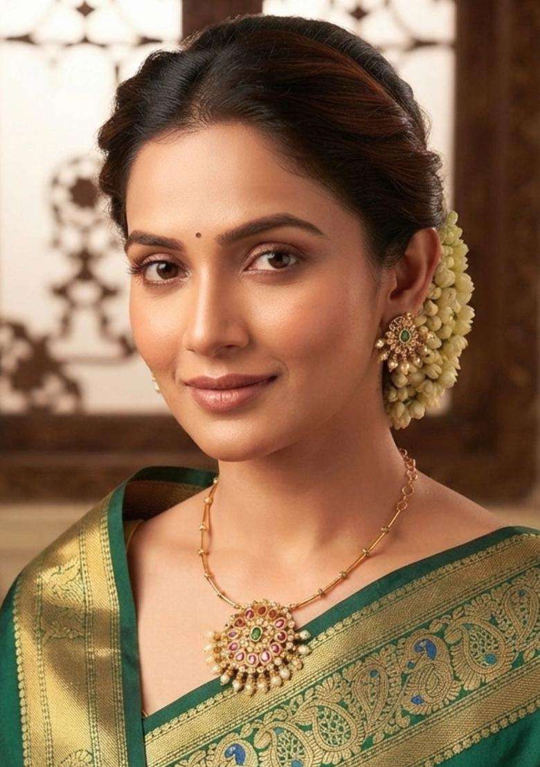 Gold-Plated Ruby & Green Stone Pendant Necklace & Stud Earrings Set with Kundan for Women | Traditional Temple Jewellery for Wedding & Festive Wear | Gift for Her - Indya