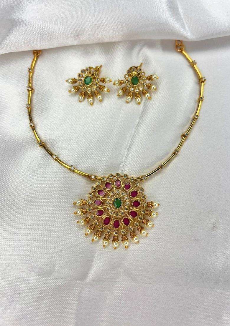 Gold-Plated Ruby & Green Stone Pendant Necklace & Stud Earrings Set with Kundan for Women | Traditional Temple Jewellery for Wedding & Festive Wear | Gift for Her - Indya