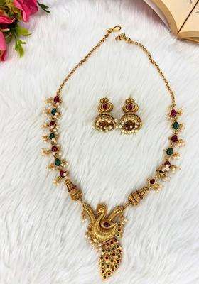 Gold-Plated Temple Peacock Motif Ruby & Green Stone Pearl Drop Necklace & Earrings Set with Kundan for Women | Traditional Temple Jewellery for Wedding & Festive Wear | Gift for Her