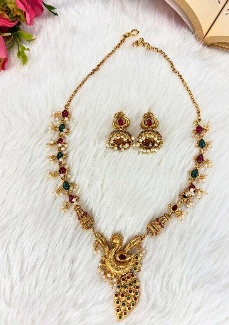 Gold-Plated Temple Peacock Motif Ruby & Green Stone Pearl Drop Necklace & Earrings Set with Kundan for Women | Traditional Temple Jewellery for Wedding & Festive Wear | Gift for Her - Indya