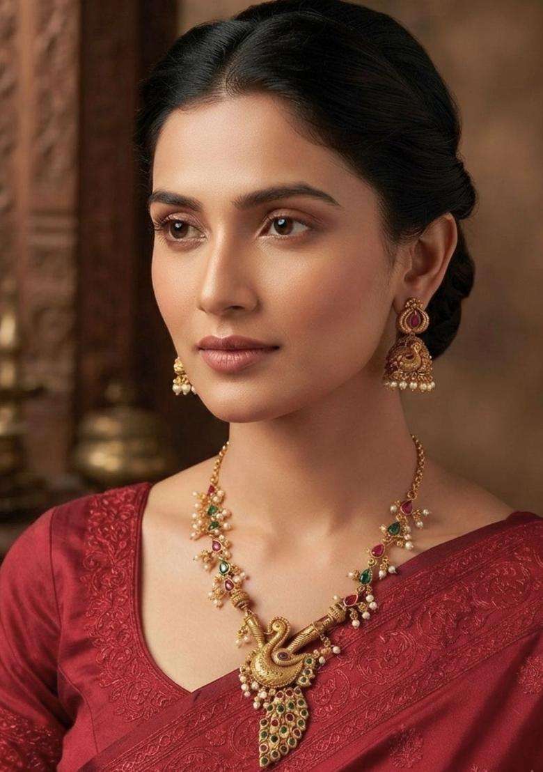 Gold-Plated Temple Peacock Motif Ruby & Green Stone Pearl Drop Necklace & Earrings Set with Kundan for Women | Traditional Temple Jewellery for Wedding & Festive Wear | Gift for Her - Indya