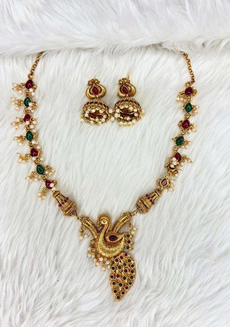 Gold-Plated Temple Peacock Motif Ruby & Green Stone Pearl Drop Necklace & Earrings Set with Kundan for Women | Traditional Temple Jewellery for Wedding & Festive Wear | Gift for Her - Indya