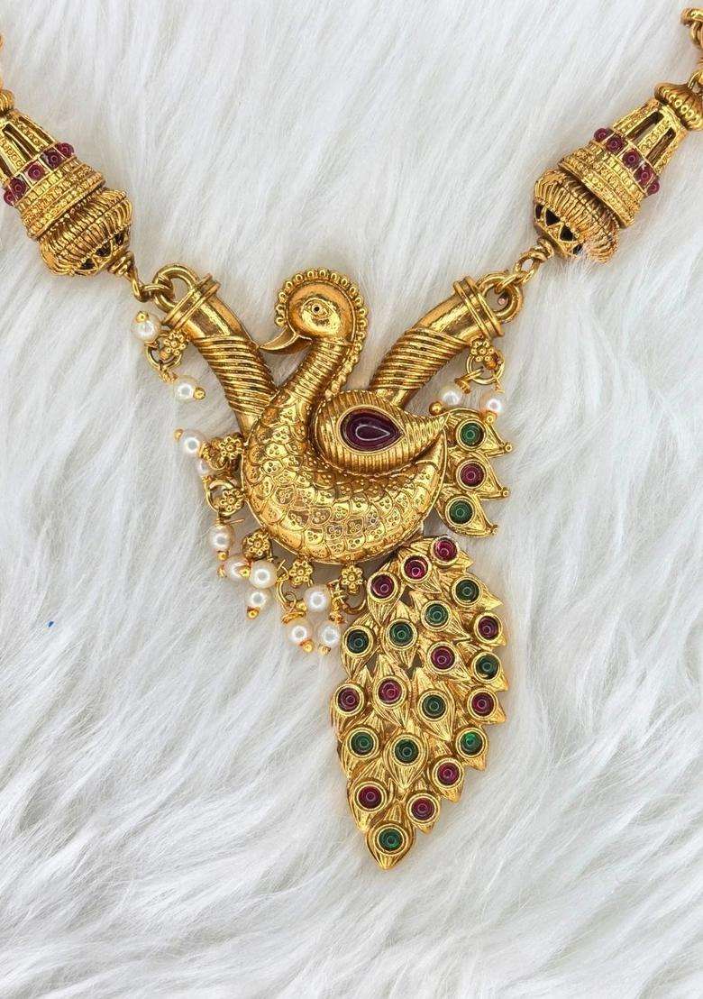 Gold-Plated Temple Peacock Motif Ruby & Green Stone Pearl Drop Necklace & Earrings Set with Kundan for Women | Traditional Temple Jewellery for Wedding & Festive Wear | Gift for Her - Indya