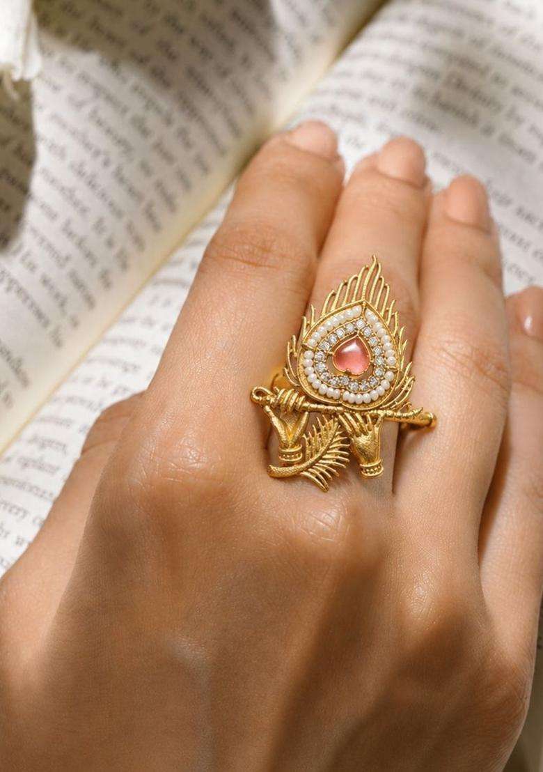 Gold-Plated Pink AD Stones Studded & Peacock Feather Shaped Adjustable Statement Finger Ring for Women | Traditional Temple Jewellery for Wedding & Festive Wear | Gift for Her - Indya