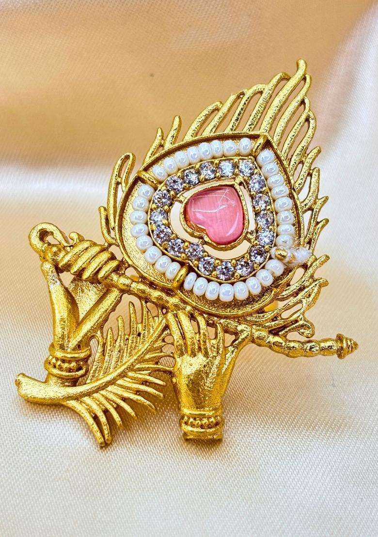 Gold-Plated Pink AD Stones Studded & Peacock Feather Shaped Adjustable Statement Finger Ring for Women | Traditional Temple Jewellery for Wedding & Festive Wear | Gift for Her - Indya