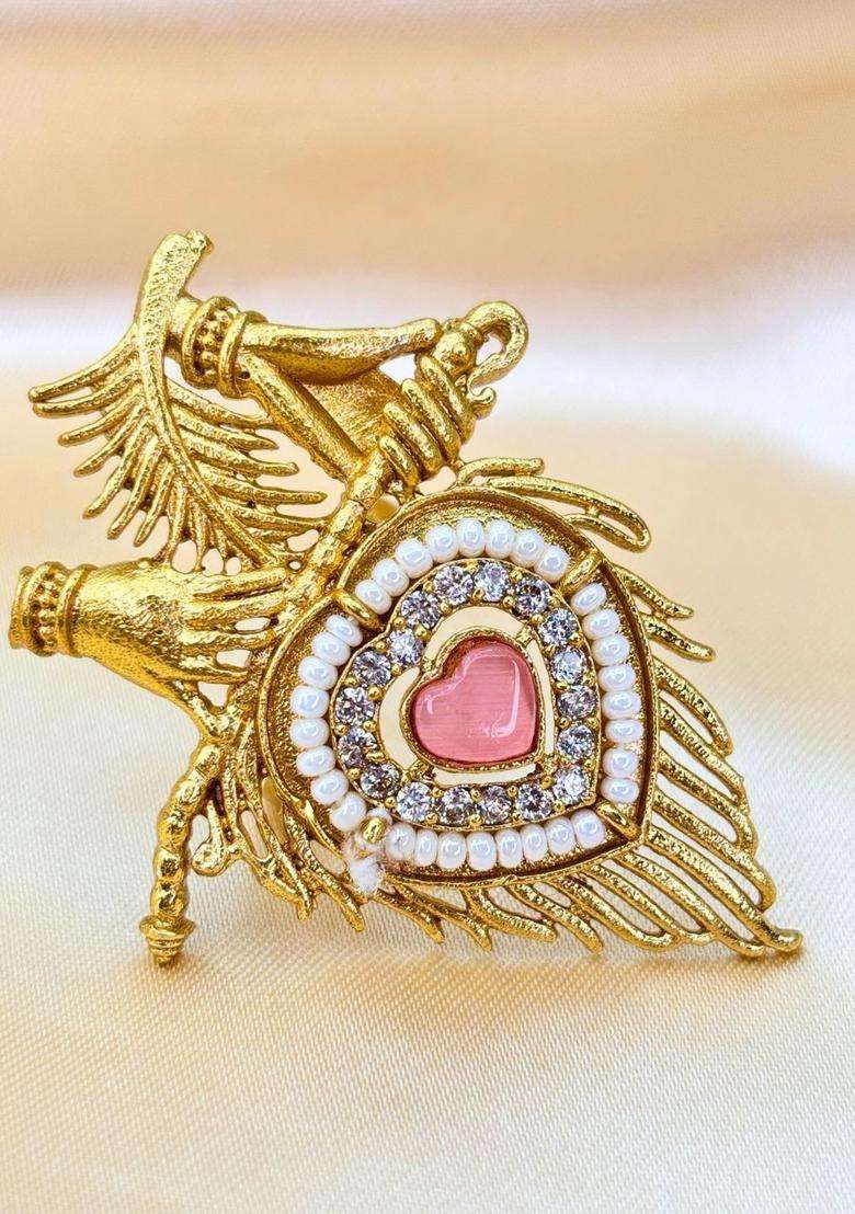 Gold-Plated Pink AD Stones Studded & Peacock Feather Shaped Adjustable Statement Finger Ring for Women | Traditional Temple Jewellery for Wedding & Festive Wear | Gift for Her - Indya