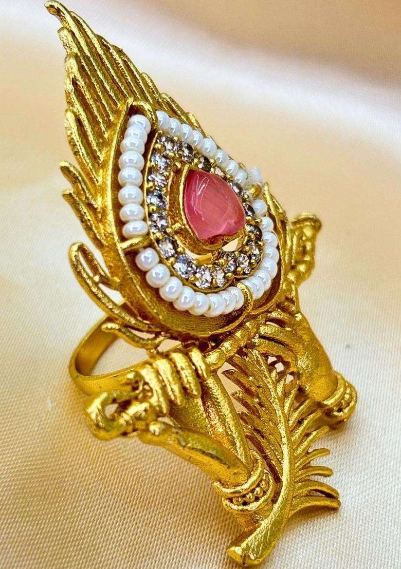 Gold-Plated Pink AD Stones Studded & Peacock Feather Shaped Adjustable Statement Finger Ring for Women | Traditional Temple Jewellery for Wedding & Festive Wear | Gift for Her - Indya