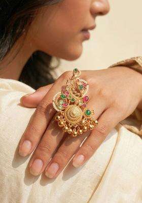 Gold-Plated Multi Colour Kundan Stones Ghungroo Adjustable Finger Ring for Women | Traditional Temple Jewellery for Wedding & Festive Wear | Gift for Her