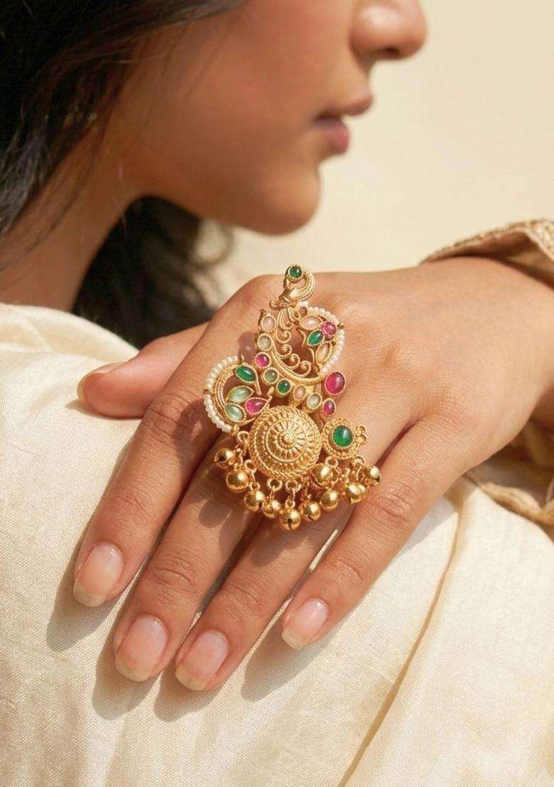 Gold-Plated Multi Colour Kundan Stones Ghungroo Adjustable Finger Ring for Women | Traditional Temple Jewellery for Wedding & Festive Wear | Gift for Her - Indya