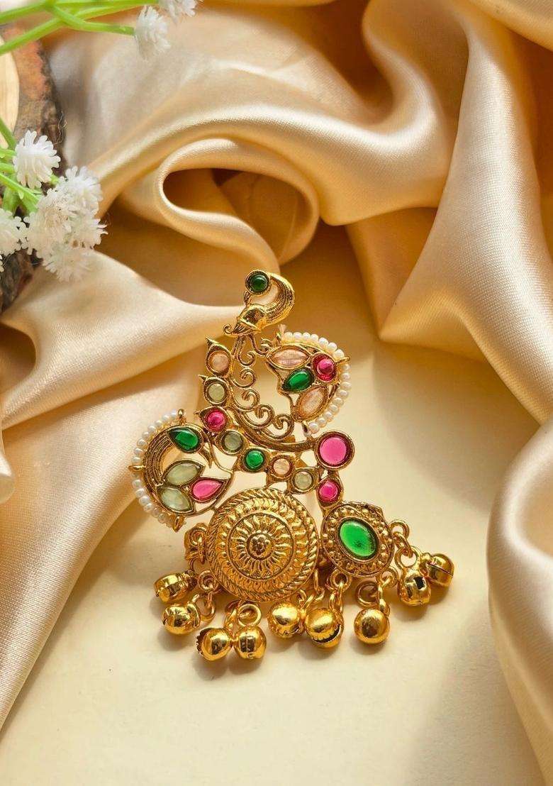Gold-Plated Multi Colour Kundan Stones Ghungroo Adjustable Finger Ring for Women | Traditional Temple Jewellery for Wedding & Festive Wear | Gift for Her - Indya
