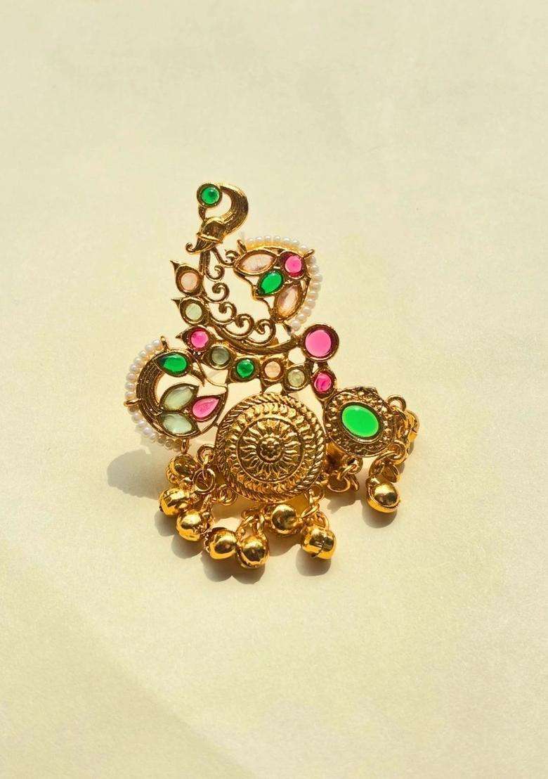 Gold-Plated Multi Colour Kundan Stones Ghungroo Adjustable Finger Ring for Women | Traditional Temple Jewellery for Wedding & Festive Wear | Gift for Her - Indya