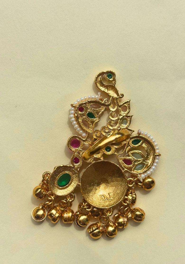 Gold-Plated Multi Colour Kundan Stones Ghungroo Adjustable Finger Ring for Women | Traditional Temple Jewellery for Wedding & Festive Wear | Gift for Her - Indya