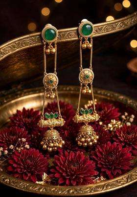 Gold-Plated Green Kundan Stone Studded Long Chain Kashmiri Jhumka Earrings for Women | Traditional Temple Jewellery for Wedding & Festive Wear | Gift for Her
