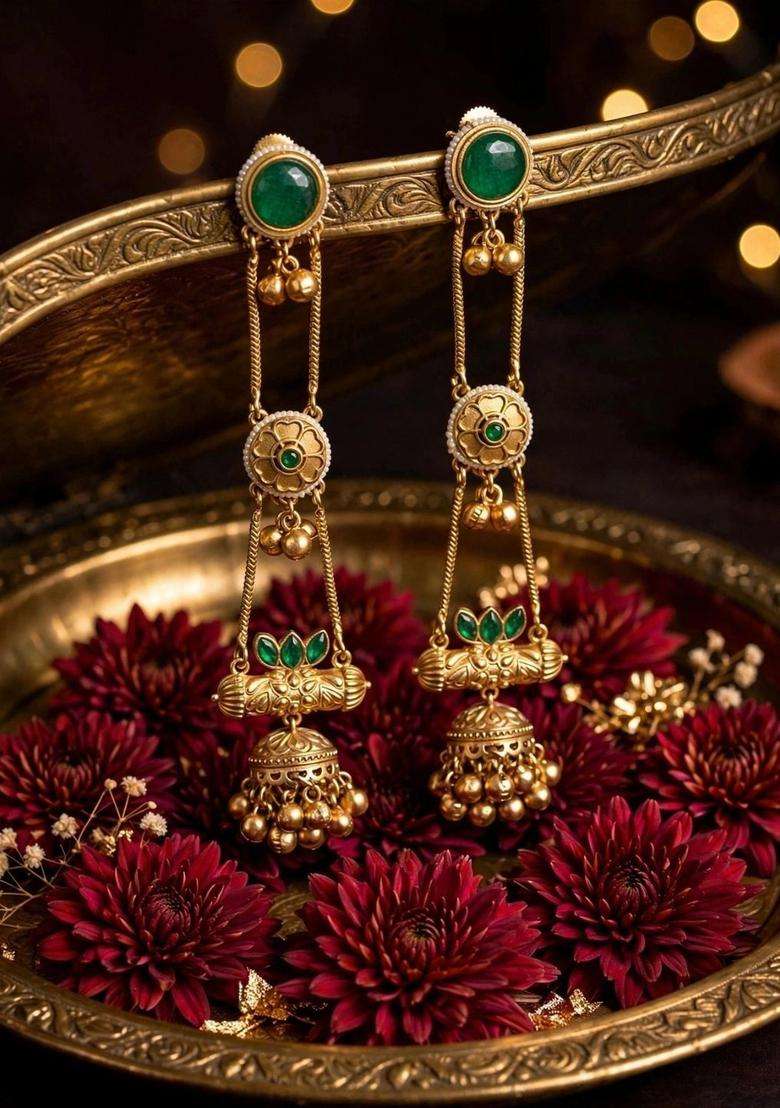 Gold-Plated Green Kundan Stone Studded Long Chain Kashmiri Jhumka Earrings for Women | Traditional Temple Jewellery for Wedding & Festive Wear | Gift for Her - Indya