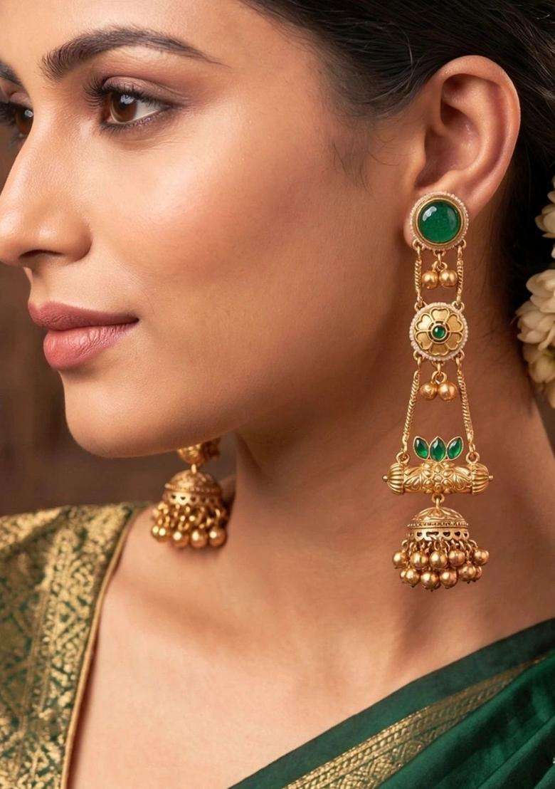 Gold-Plated Green Kundan Stone Studded Long Chain Kashmiri Jhumka Earrings for Women | Traditional Temple Jewellery for Wedding & Festive Wear | Gift for Her - Indya