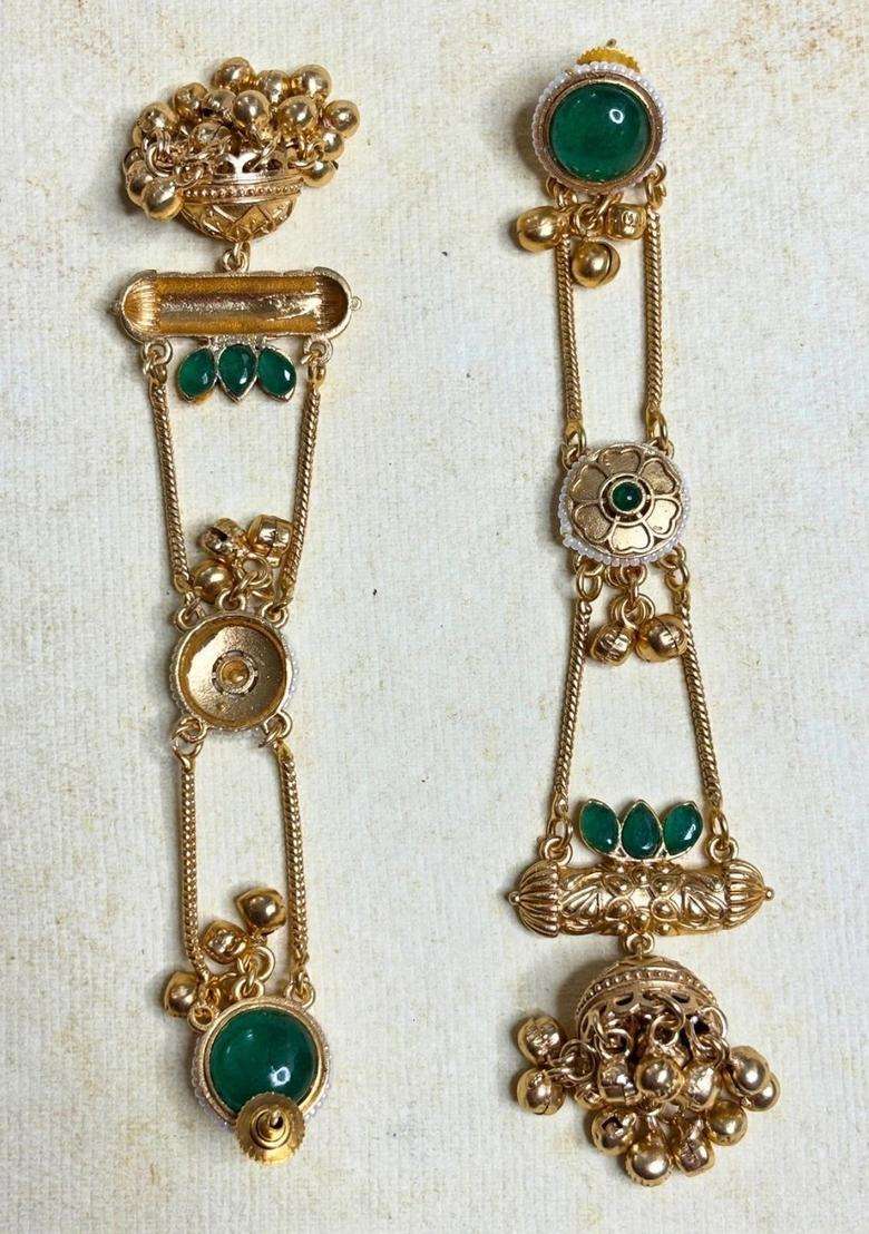 Gold-Plated Green Kundan Stone Studded Long Chain Kashmiri Jhumka Earrings for Women | Traditional Temple Jewellery for Wedding & Festive Wear | Gift for Her - Indya